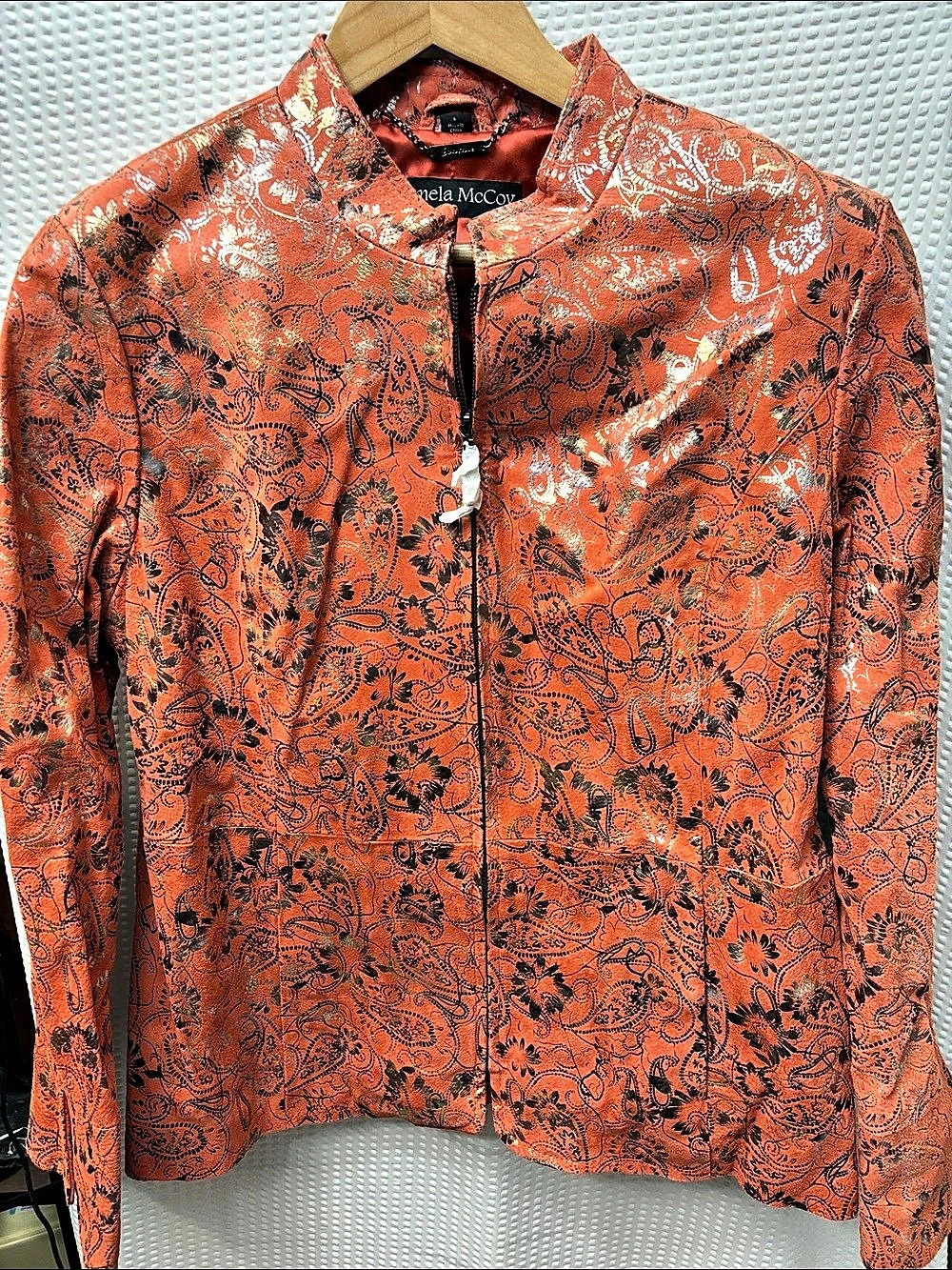 Pamela McCoy Leather Paisley Jacket in coral Size Large NWT